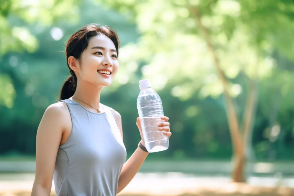 水の入ったペットボトルを持つ女性